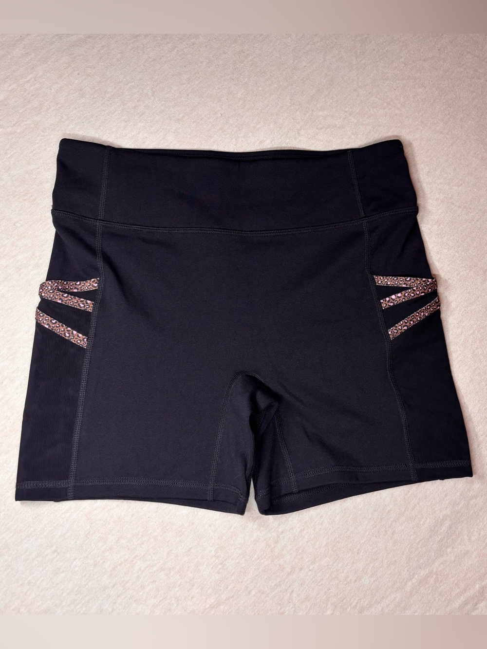 Fabletics Black Bike Shorts with Leopard-Print Side Straps